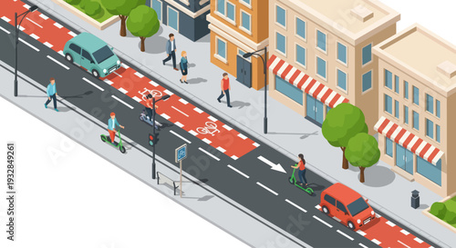 Urban cycling lane with people on bikes and scooters, city street isometric view