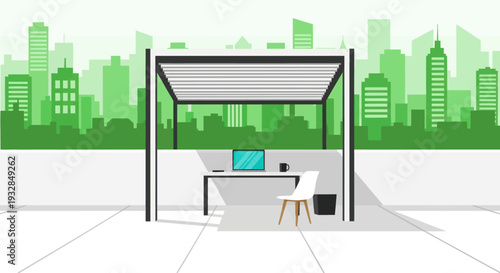 Modern Outdoor Office Workspace with City Skyline and Laptop