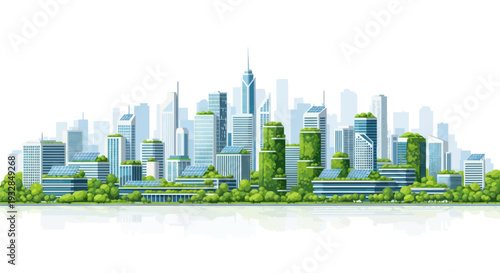 Eco-friendly cityscape with green buildings and trees, sustainable urban future concept.