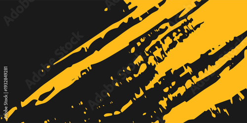 Black and yellow abstract background with brushstroke and halftone style.