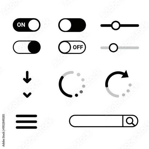 Essential UI elements set featuring toggle switches sliders loading spinners search bar and menu icons for modern digital interfaces