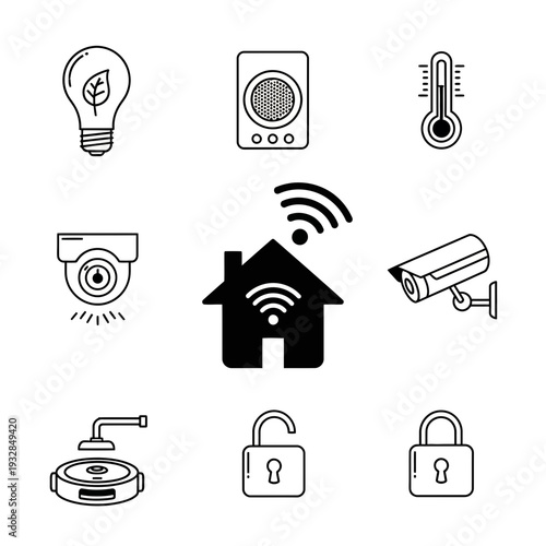 Smart home technology icons representing security, comfort, and convenience for modern living