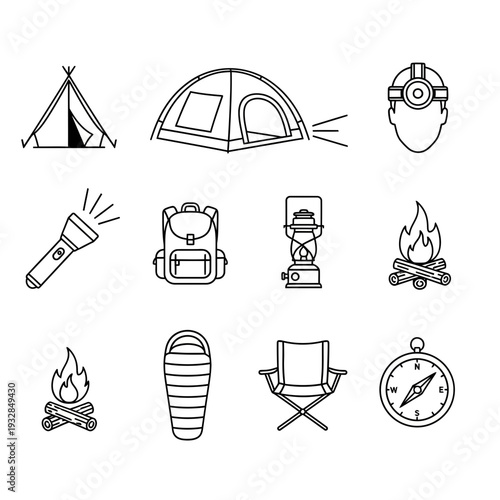 Essential outdoor adventure gear collection for camping trips including tents, backpacks, lanterns, and compass for exploration and survival.