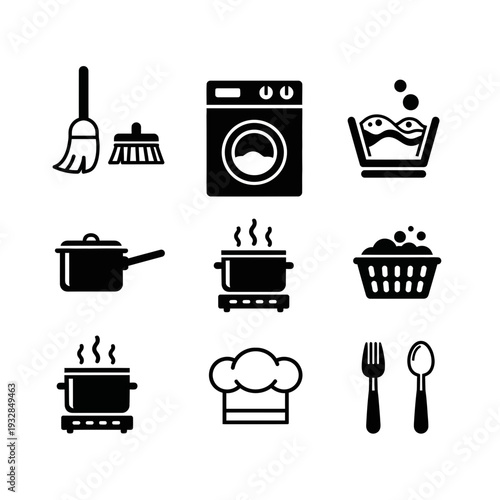 Modern icons depict household chores cooking kitchen essentials and cleaning tasks for websites apps and presentations