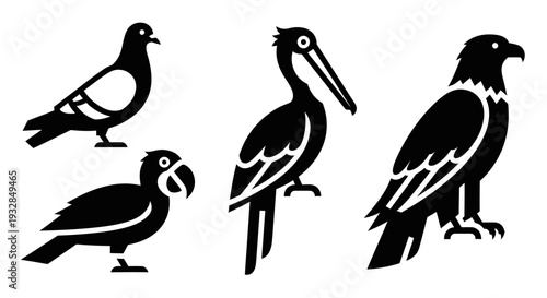 Diverse Bird Silhouettes Collection: Pigeon, Parrot, Pelican, and Eagle Vector Icons