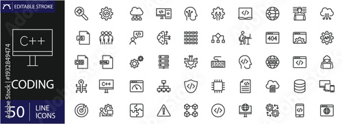 Coding icons set. Includes symbols of programming, code brackets, software development, debugging, servers, and development tools. Editable stroke. Vector illustration. Outline icons.