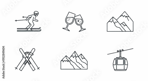 Set of Simple Ski Resort Line Icons.