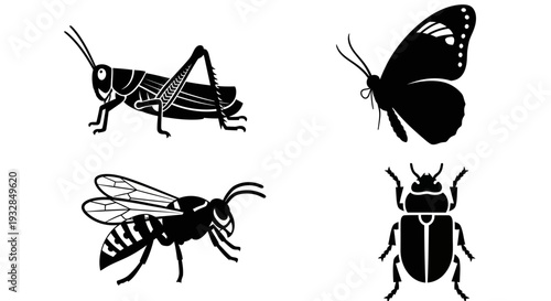 Diverse Insect Silhouettes Collection: Grasshopper, Butterfly, Wasp, and Beetle Icons
