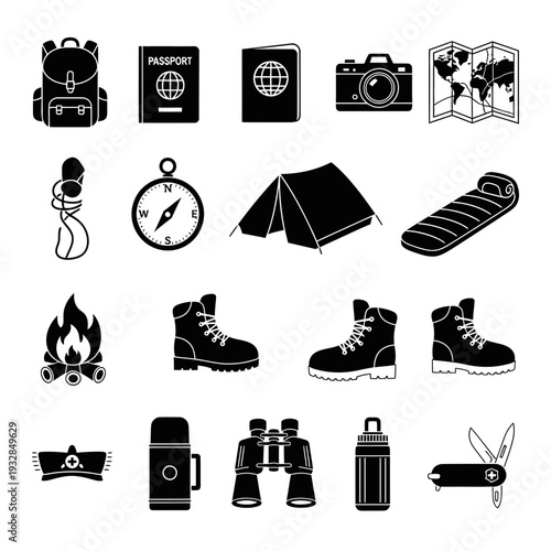 Explore the world with essential travel gear icons including backpack, passport, camera, map, and compass for adventure planning.
