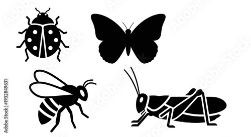 Diverse insect silhouettes collection: ladybug, butterfly, bee, and grasshopper icons set