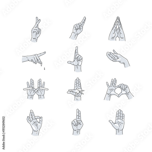 Diverse collection of hand gestures and mudras for yoga, meditation, and communication, conveying spiritual, emotional, and symbolic meanings with artistic detail.