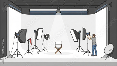 Photographer setting up studio equipment for a professional photoshoot