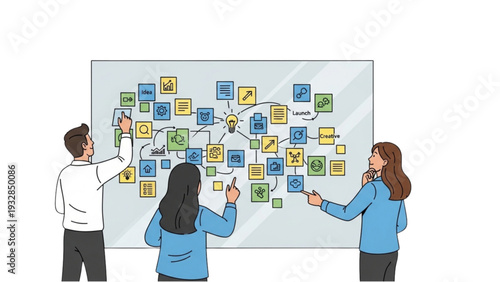 Team brainstorming session with diverse professionals collaborating on project plan