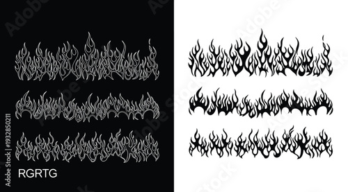 Flame patterns in black and white on isolated backgrounds for design elements