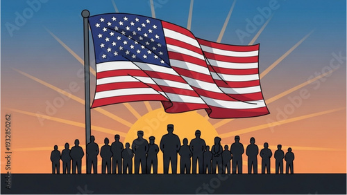A group of people standing together in front of a large waving flag at sunset with rays of light emanating from behind