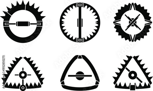 Collection of bear trap icon vector illustrations isolated on white background for hunting equipment design animal capture security safety and metal snare graphics