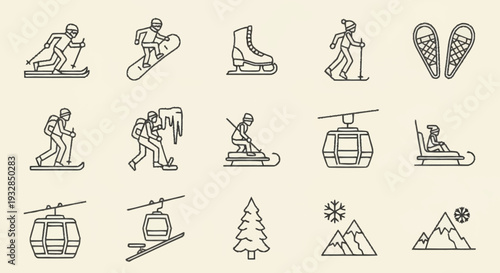 Skiing and Snowboarding Icons Set Illustration.