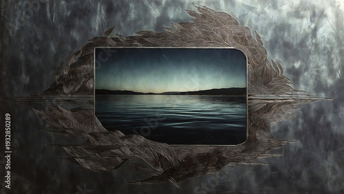 Wallpaper Mural Landscape lake horizon framed by abstract engraved lines and smoky grunge texture, cinematic twilight mood background design Torontodigital.ca