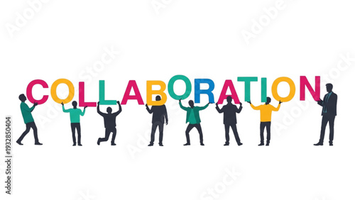 Diverse group of people collaborating together holding colorful letters forming the word collaboration from various viewpoints and angles