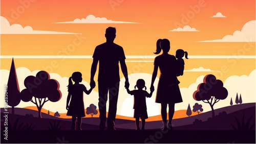 Family of four holding hands and walking together in a serene landscape during a vibrant sunset