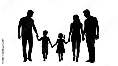 Family of four holding hands together in a united stance viewed from the side