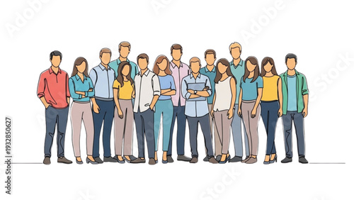 Diverse group of people standing together in a line, showcasing unity and diversity in a modern setting from a straightforward viewpoint