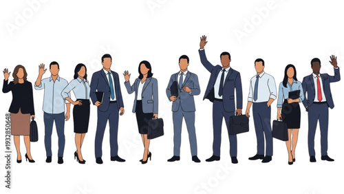 Diverse Group of Business Professionals Standing Together, Holding Briefcases and Raising Hands in a Gesture of Unity and Celebration