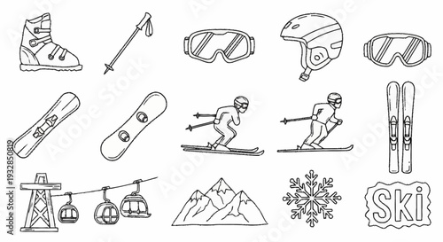 Skiing Icons and Symbols Collection Set.