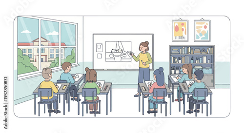 Art Class: Teacher Instructs Students Drawing on Whiteboard in Classroom