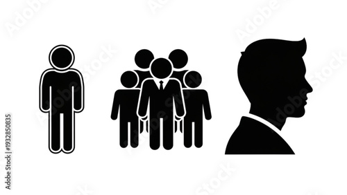 Silhouette illustration of a man facing a group of people and an individual in a professional setting