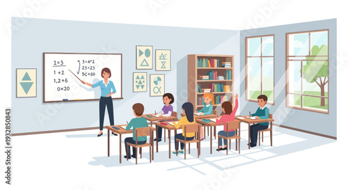 Diverse students learning math in a bright, modern classroom with teacher at whiteboard