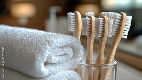 Natural bamboo toothbrushes and fresh white towels. Eco-friendly dental hygiene concept for a clean bathroom.