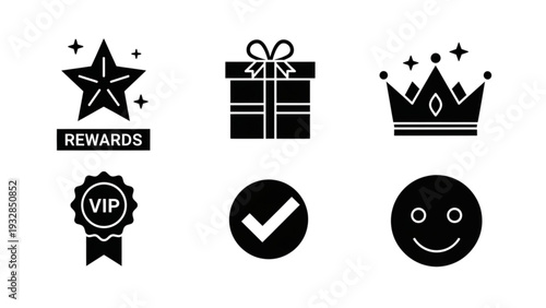 Collection of black icons representing rewards and VIP status on a clean white background viewed directly from above