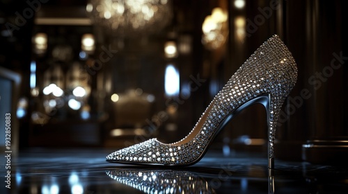Luxurious sparkling high-heeled pump shoe on a reflective surface with elegant bokeh lights in a dark background.