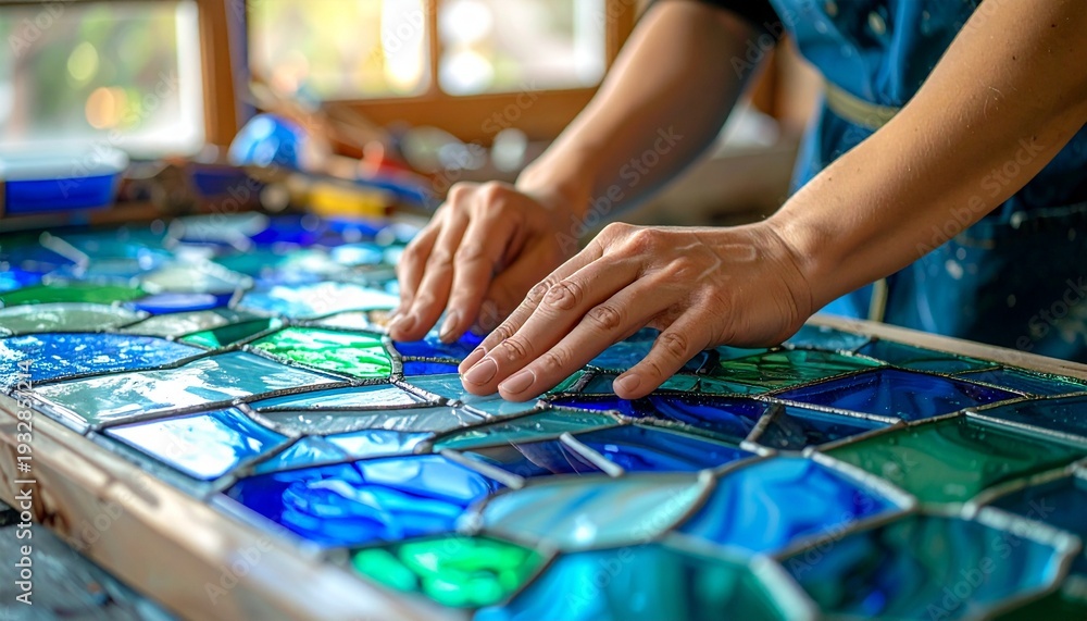 Obraz premium Person Creates Stained Glass Artwork in Workshop Setting
