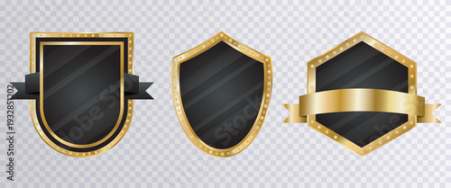 Black and golden signs collection isolated on transparent background. Golden luxury labels with diamonds. Set of templates. Golden labels set. Design element for advertising.Vector illustration