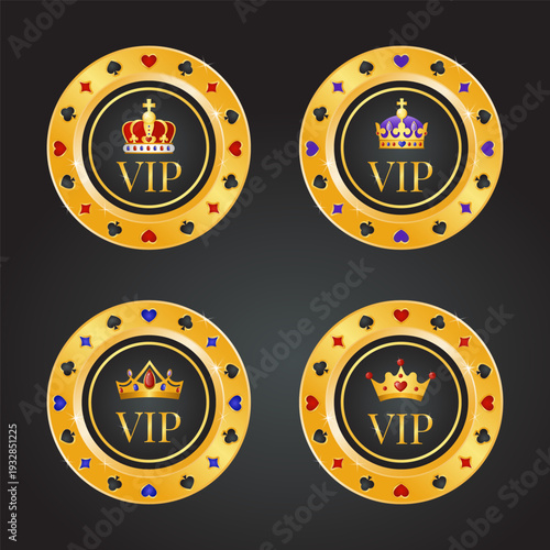 Golden poker chips with crowns isolated on black background. Gambling tokens with suit for poker and casino. Design for advertising, games, casino, banners and posters. Vector illustration. 
