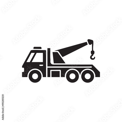 A tow truck with an extended crane and hook is parked on a road, viewed from the side, against a simple background.
