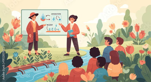 Two teachers explaining science lesson to students outdoors.