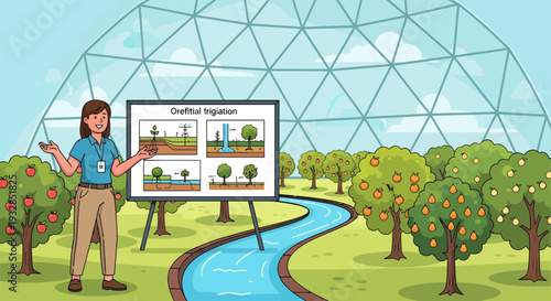 Woman presenting drip irrigation methods in a greenhouse.