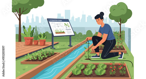Woman tending to a community garden with irrigation system.