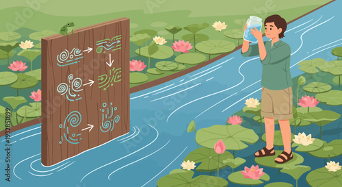 Young boy observing scientific diagram by river.