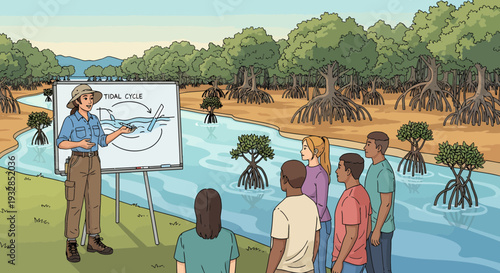 Educator explaining mangrove ecosystem to students.