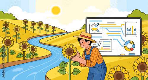 Farmer examining sunflower with data analysis screen.