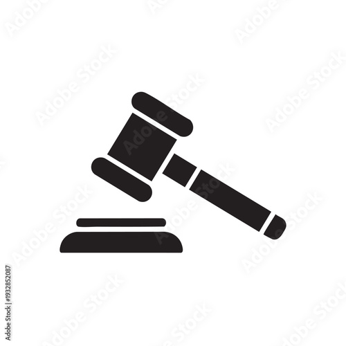 A black gavel resting on its sound block, symbolizing justice and law in a simple, graphic representation viewed from the side.