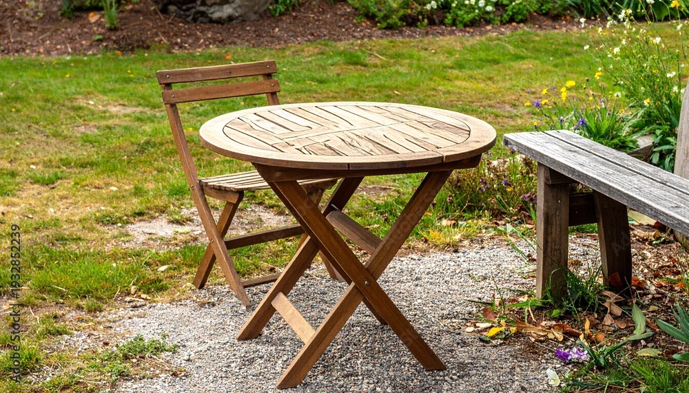 Fototapeta premium Outdoor garden scene with round wooden table, folding chair, and bench on gravel, surrounded by grass and flowers, peaceful backyard dining ambiance.