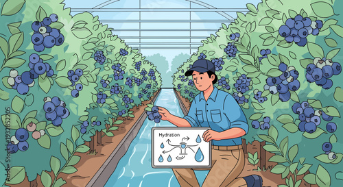 Farmer Inspecting Blueberry Plants in Greenhouse.