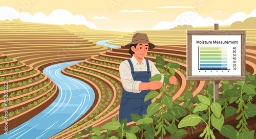 Farmer inspecting crops with moisture monitoring chart.