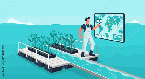 Farmer Inspecting Floating Farm with Global Map Display.