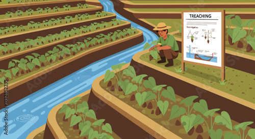 Farmer Inspecting Lush Green Terraced Fields with Irrigation System.